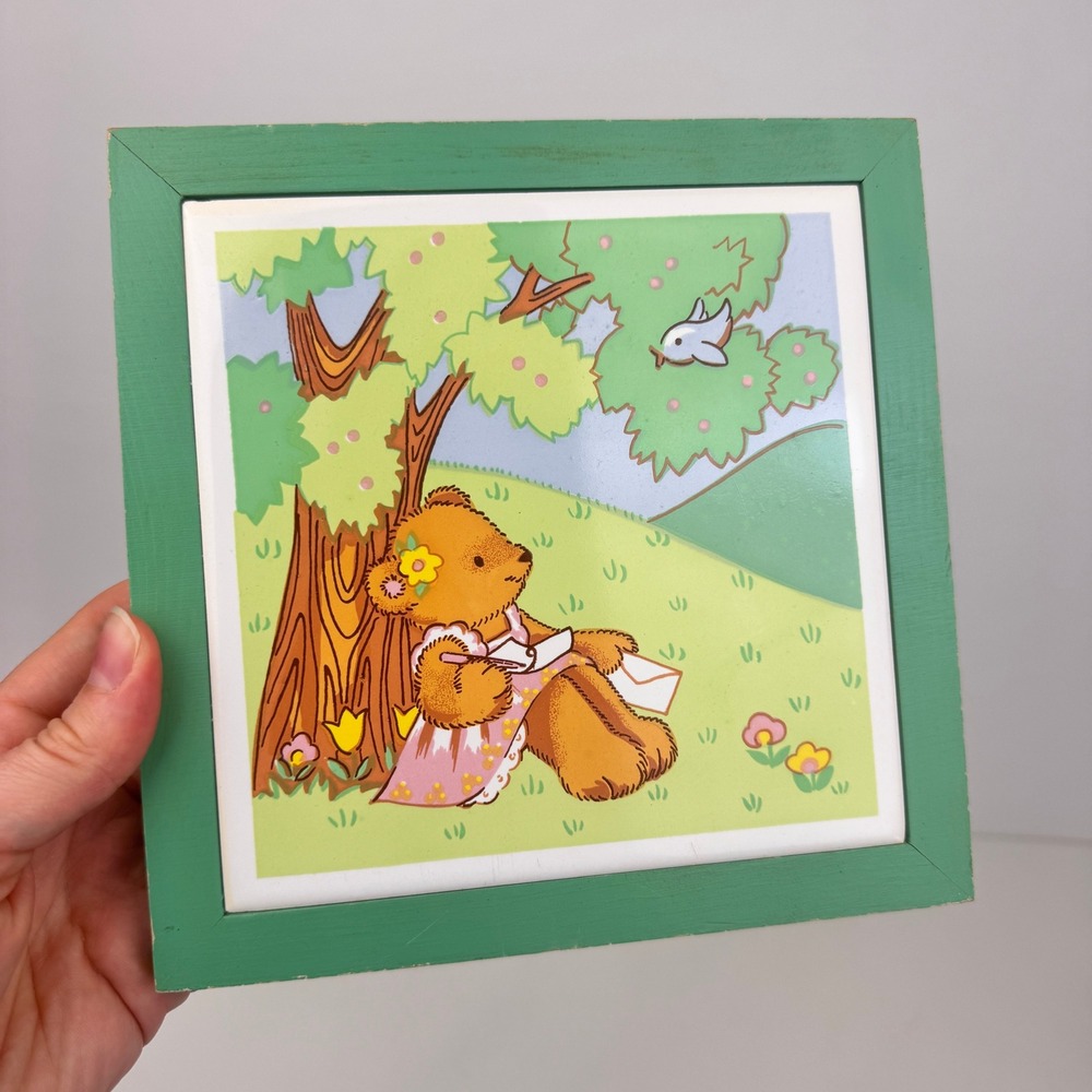 Girl Teddy Bear Tree Bird Flowers Ceramic Tile Wood Frame Nursery Wall Decor‎
